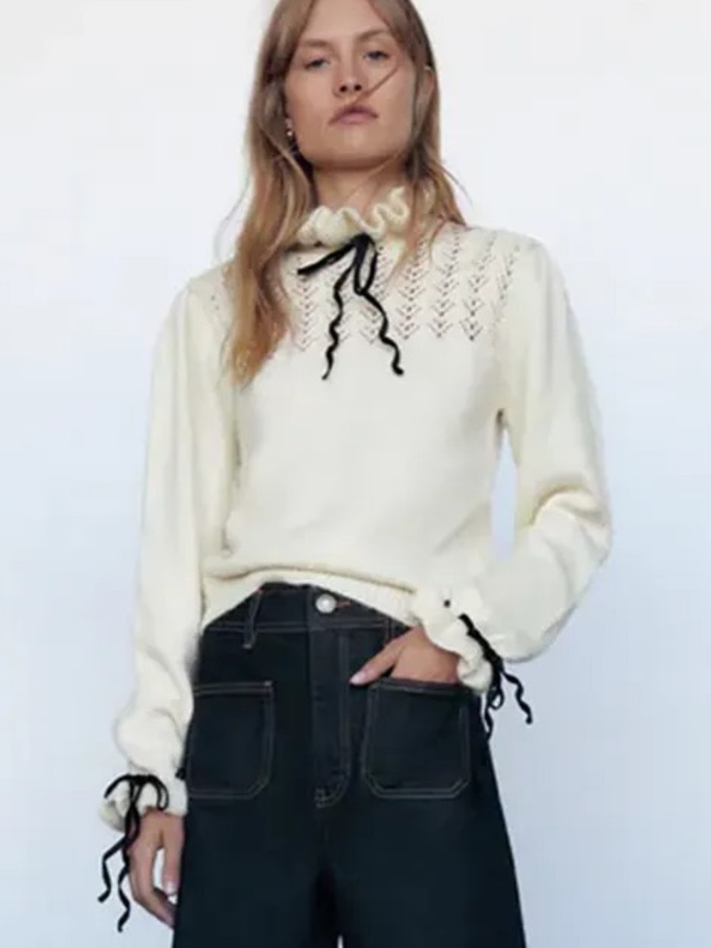 Zara Cream Ruffle-Neck Sweater with Black Ribbon Detail - Picture 2 of 6